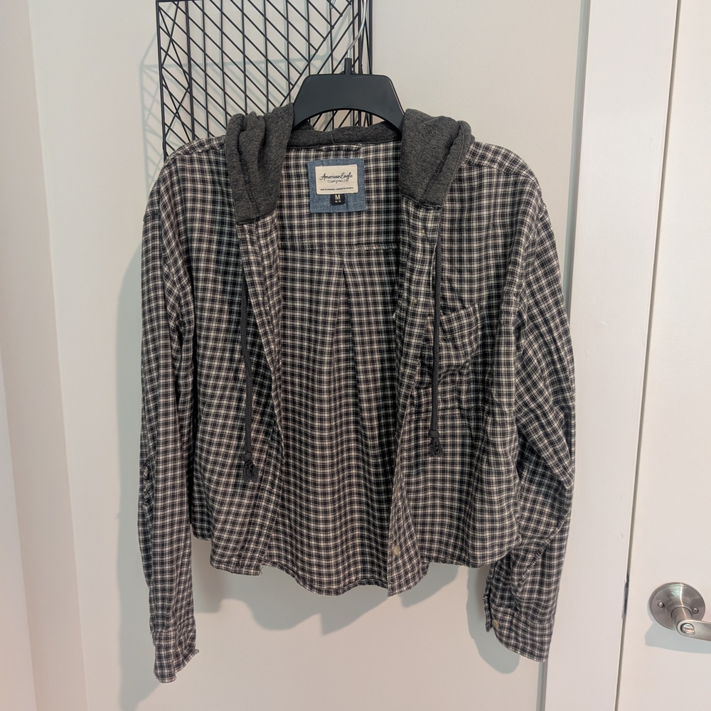 American Eagle Outfitters Black and Gray Plaid Shirt with Hood